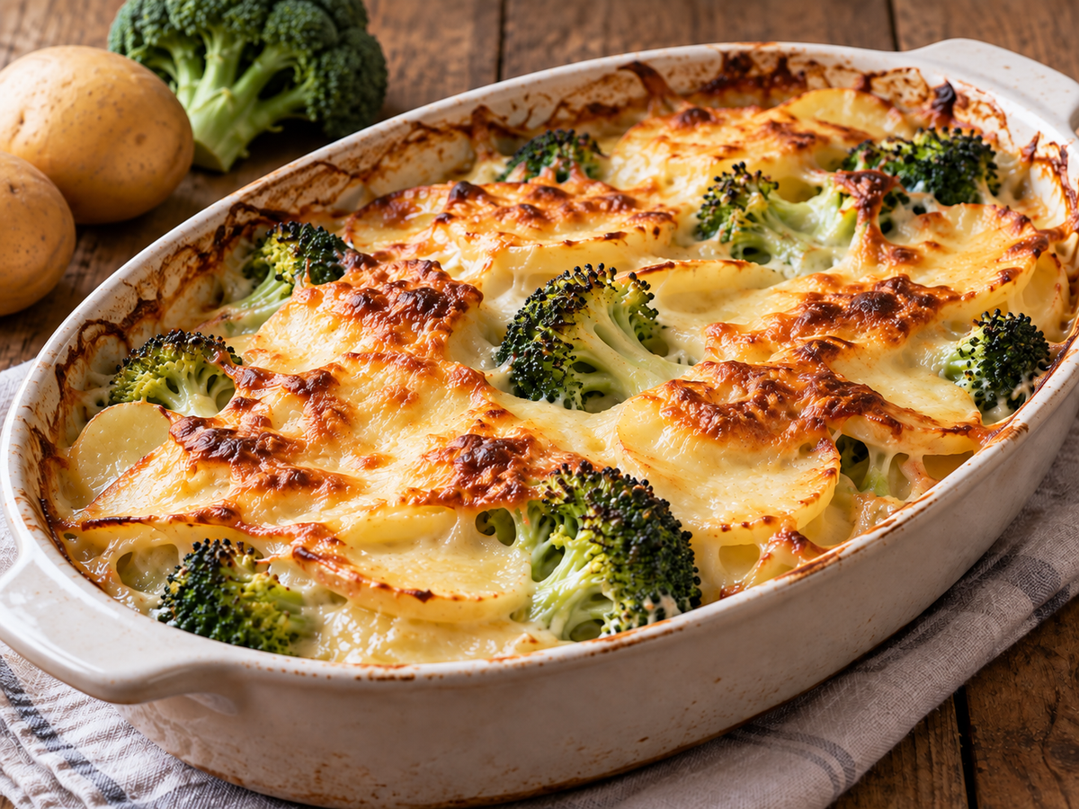 Eine weiße Auflaufform mit cremigem Kartoffel-Brokkoli-Gratin steht auf einem rustikalen Holztisch. Dünne Kartoffelscheiben und grüne Brokkoliröschen sind mit goldbraun überbackenem Käse bedeckt. Im Hintergrund liegen ganze Kartoffeln und ein Brokkolikopf.