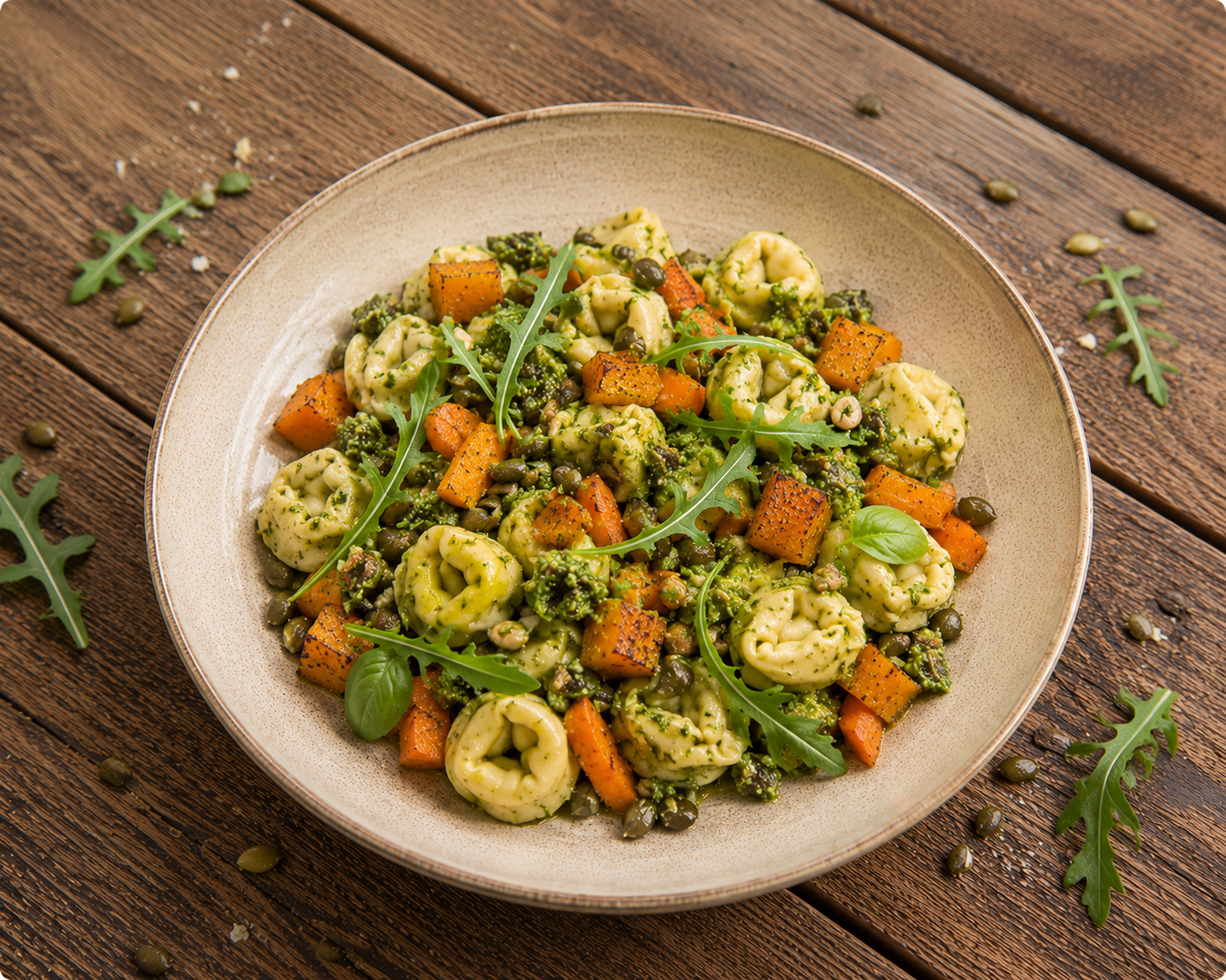KI generiert: Ein Teller mit Tortellini, Kürbiswürfeln und grünem Pesto auf einem Holztisch.