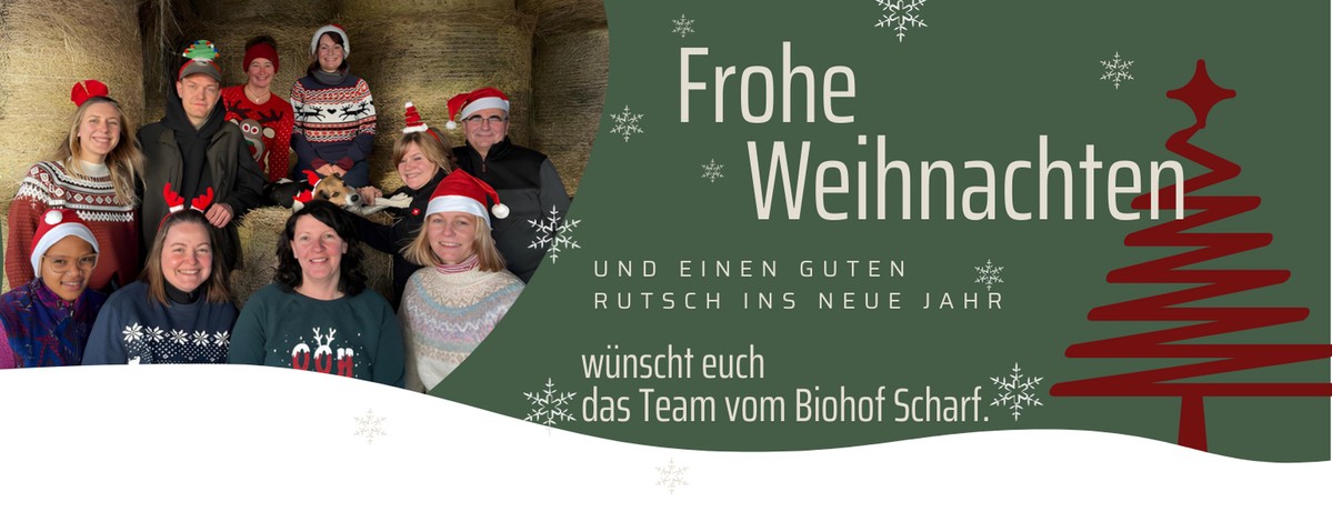 KI generiert: Eine Gruppe feiert Weihnachten, begleitet von einem Gruß: "Frohe Weihnachten und einen guten Rutsch ins neue Jahr wünscht euch das Team vom Biohof Scharf."