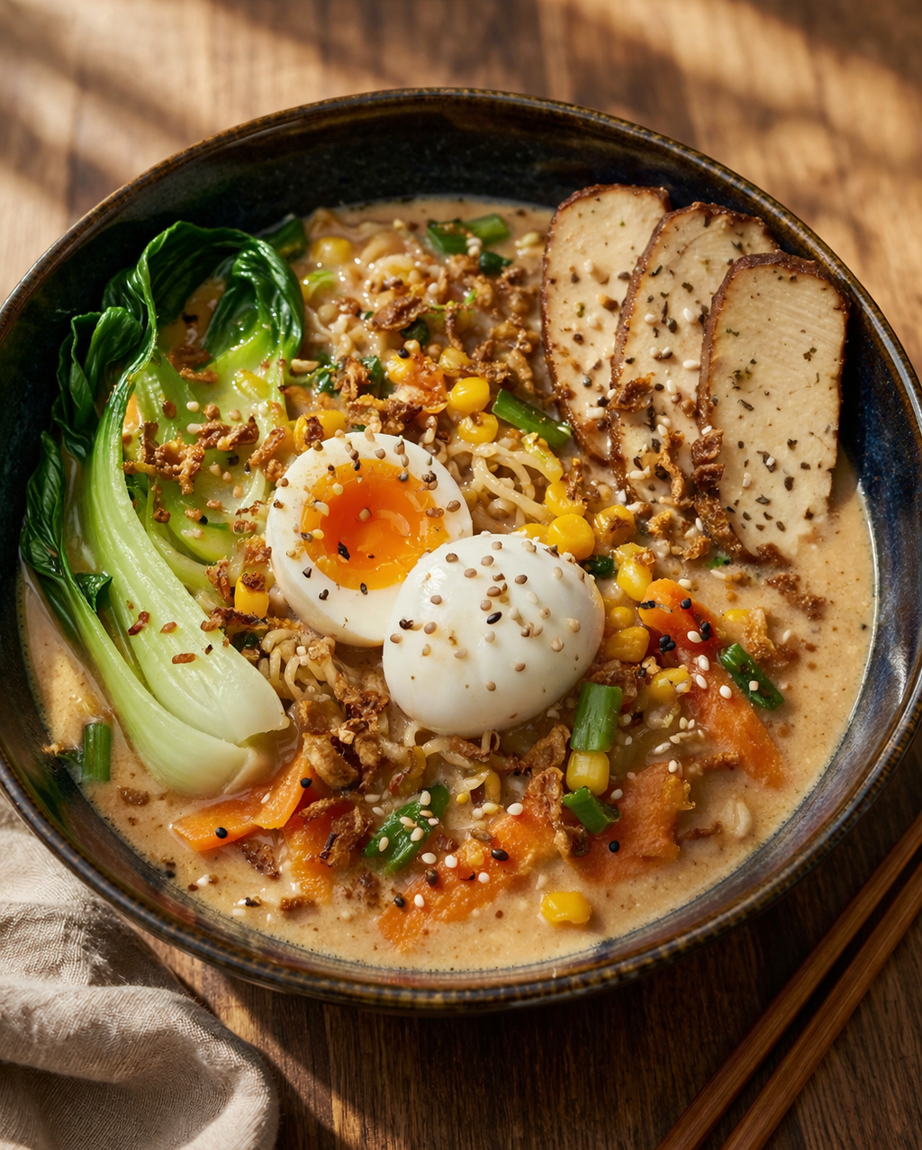 KI generiert: Eine Schüssel Ramen mit Ei, Pak Choi, Karotten, Mais und Tofu auf einem Holztisch.