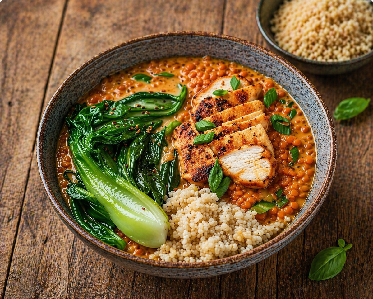 KI generiert: Eine Schüssel mit Linseneintopf, gegrilltem Hähnchen, Pak Choi und Couscous auf einem Holztisch.