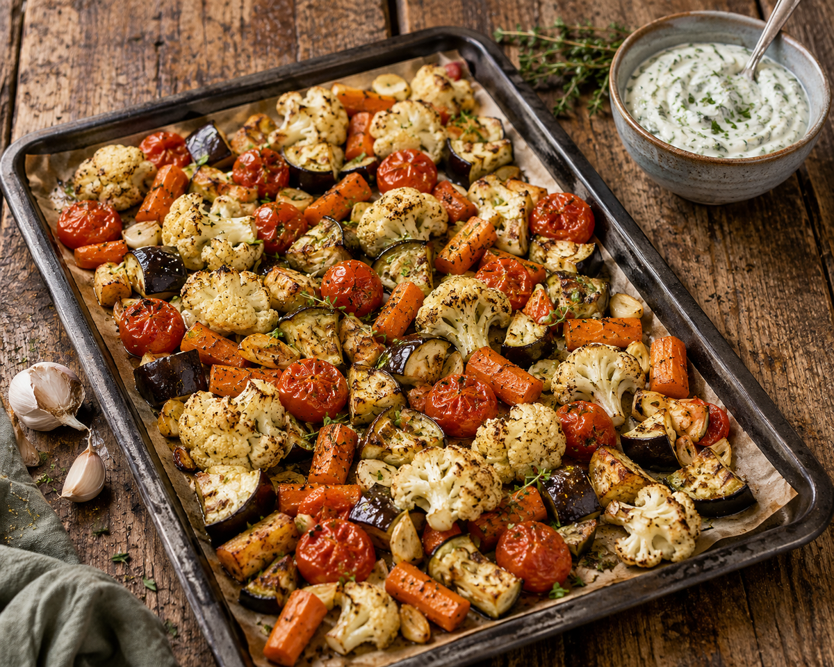 KI generiert: Ofenblech mit geröstetem Gemüse, darunter Tomaten, Blumenkohl und Zucchini, mit Dip-Sauce daneben.