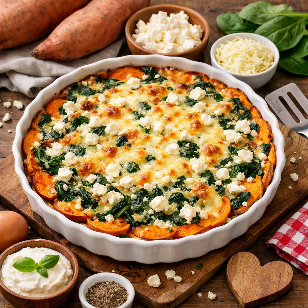 KI generiert: Überbackene Süßkartoffel-Spinat-Torte in einer runden Backform, umgeben von Zutaten.