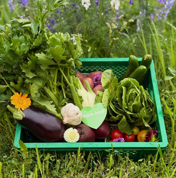 KI generiert: Kiste mit frischem Gemüse im Freien. Enthält den Text: "Vom Hof".