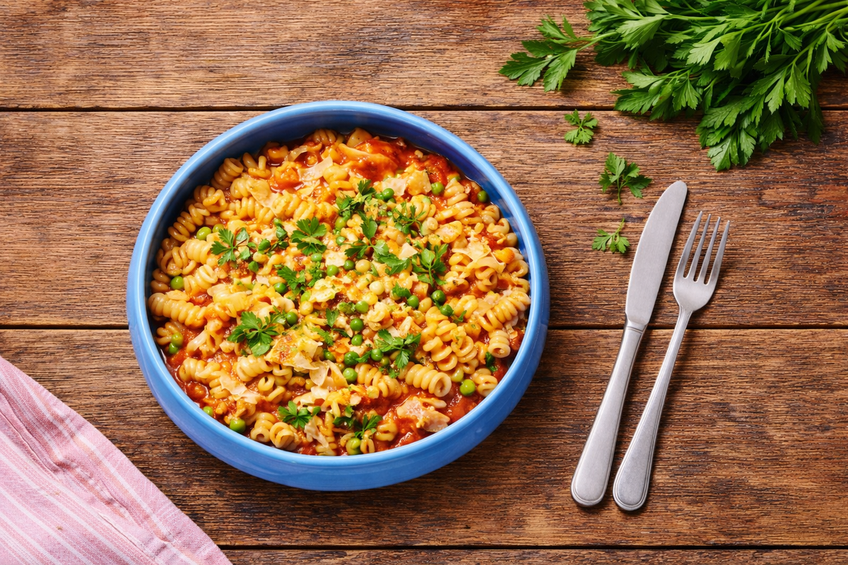 KI generiert: Ein blaues Gericht mit Nudeln, Erbsen und Kräutern, daneben Besteck auf Holztisch.