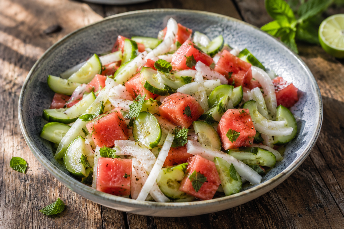 KI generiert: Ein frischer Salat mit Wassermelone, Gurken und Zwiebeln in einer Schüssel.