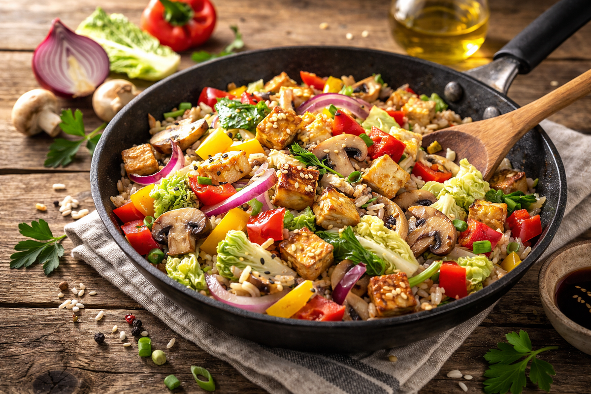 KI generiert: Eine bunte Gemüsepfanne mit Tofu und Reis auf einem Holztisch.