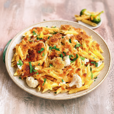 KI generiert: Ein Teller mit gebackenen Nudeln, Blumenkohl und knusprigen Bröseln, garniert mit Petersilie.