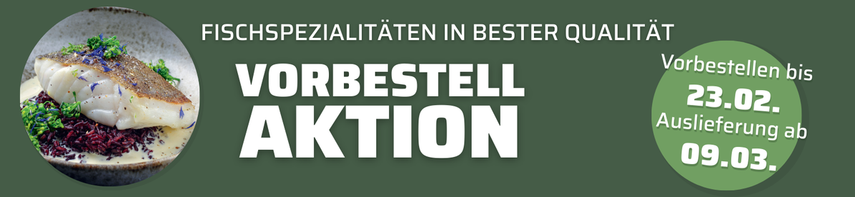 KI generiert: Fischspezialitäten-Vorbestellaktion mit Bild und Terminen: Vorbestellen bis 23.02., Auslieferung ab 09.03.