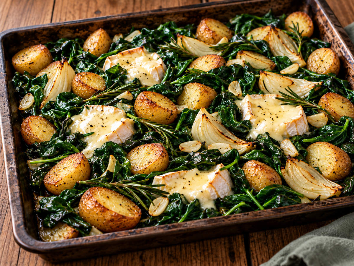 Ein rustikales Ofenblech mit goldbraunen Rosmarinkartoffeln, wenig geröstetem Fenchel, viel dunkelgrünem Spinat und geschmolzenem cremigem Käse steht auf einem Holztisch. Zwischen dem Gemüse liegen Knoblauchscheiben und Rosmarinzweige.
