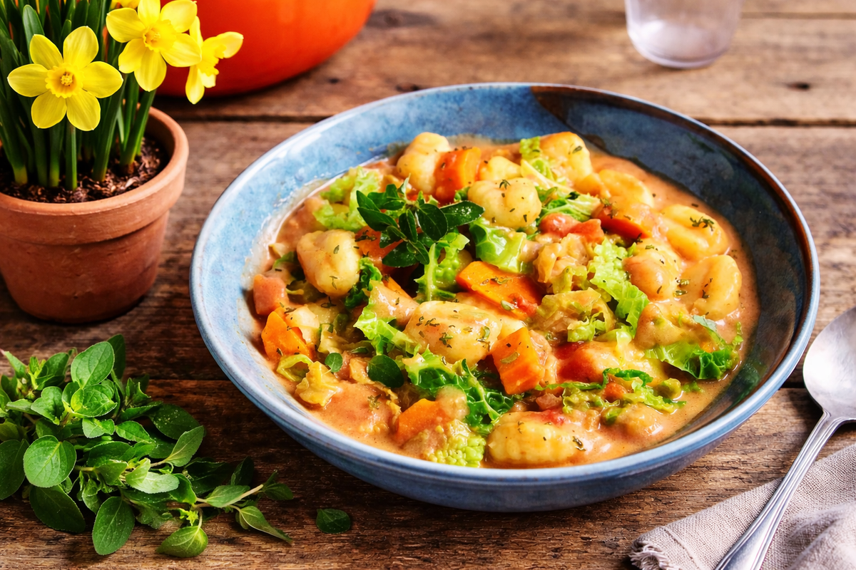 KI generiert: Schüssel mit buntem Gemüsegericht, daneben Blumentopf mit gelben Blumen und frischen Kräutern.