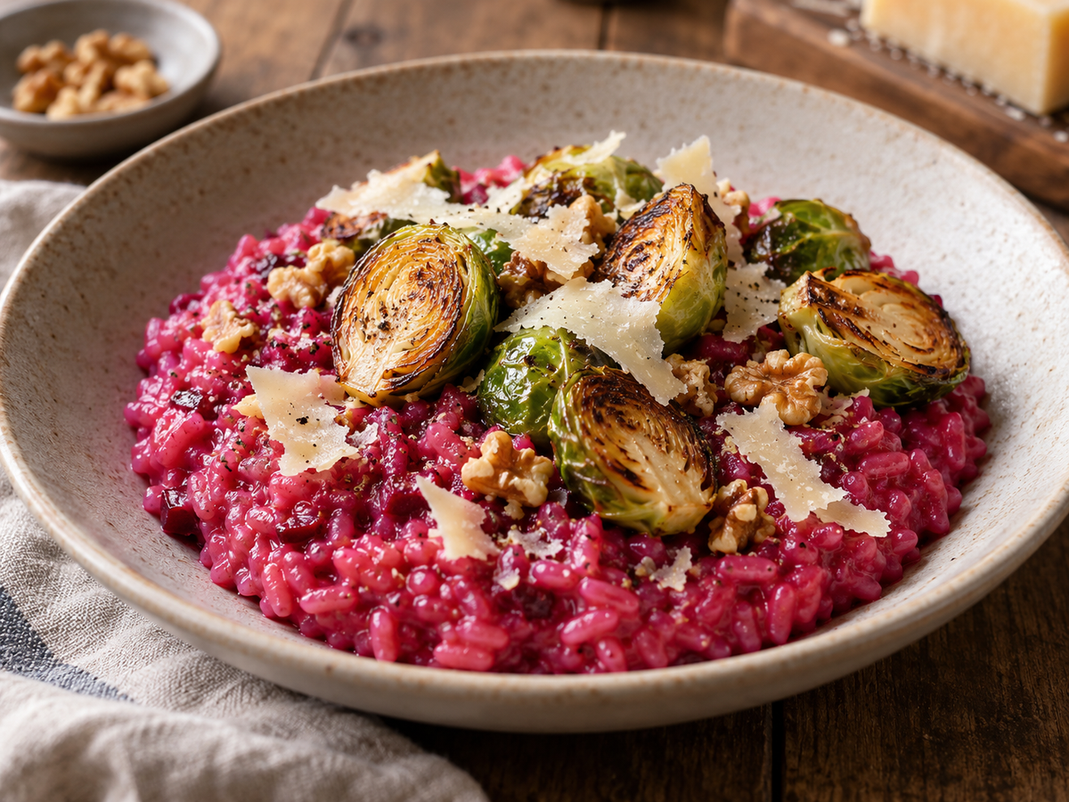 Cremiges, leuchtend pinkes Rote Bete Risotto in einer rustikalen Keramikschale, garniert mit goldbraun gebratenen Rosenkohlhälften, feinen Käsespänen und Walnussstücken. Serviert auf einem dunklen Holztisch bei warmem, natürlichem Licht.