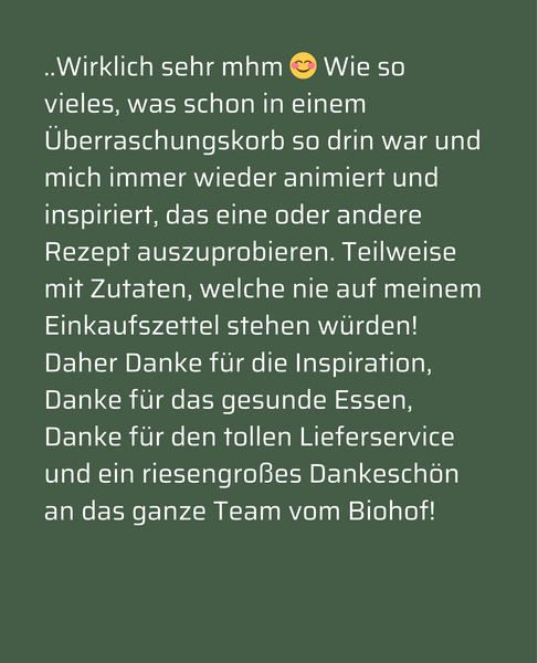 KI generiert: Ein Dankestext für überraschende Zutaten und den Service eines Biohofs.