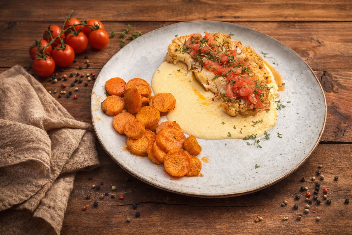 KI generiert: Ein Teller mit Blumenkohlsteak, Süßkartoffeln und einer hellen Soße, garniert mit frischen Kräutern.