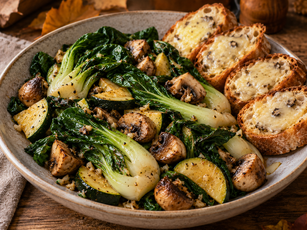 Gebratener Pak Choi mit Champignons und Zucchini, dazu geröstetes Landbrot mit geschmolzenem Trüffelkäse auf einem rustikalen Teller.