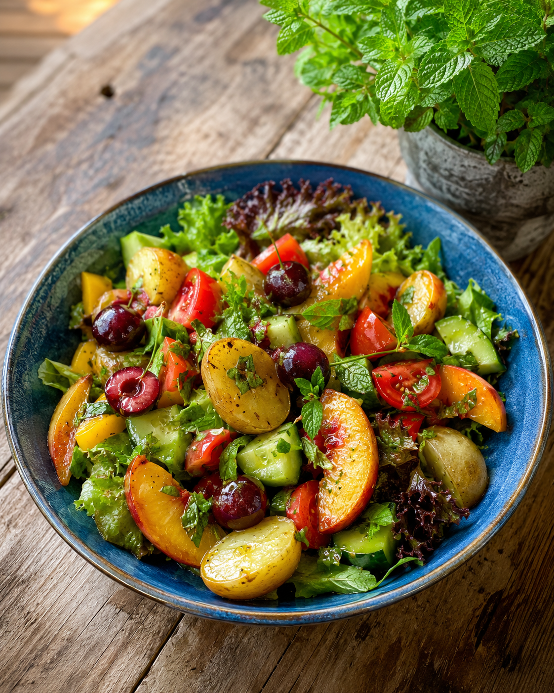 KI generiert: Ein frischer Salat mit Nektarinen, Kirschen und Gemüse in einer blauen Schüssel, daneben ein Topf mit Minze.