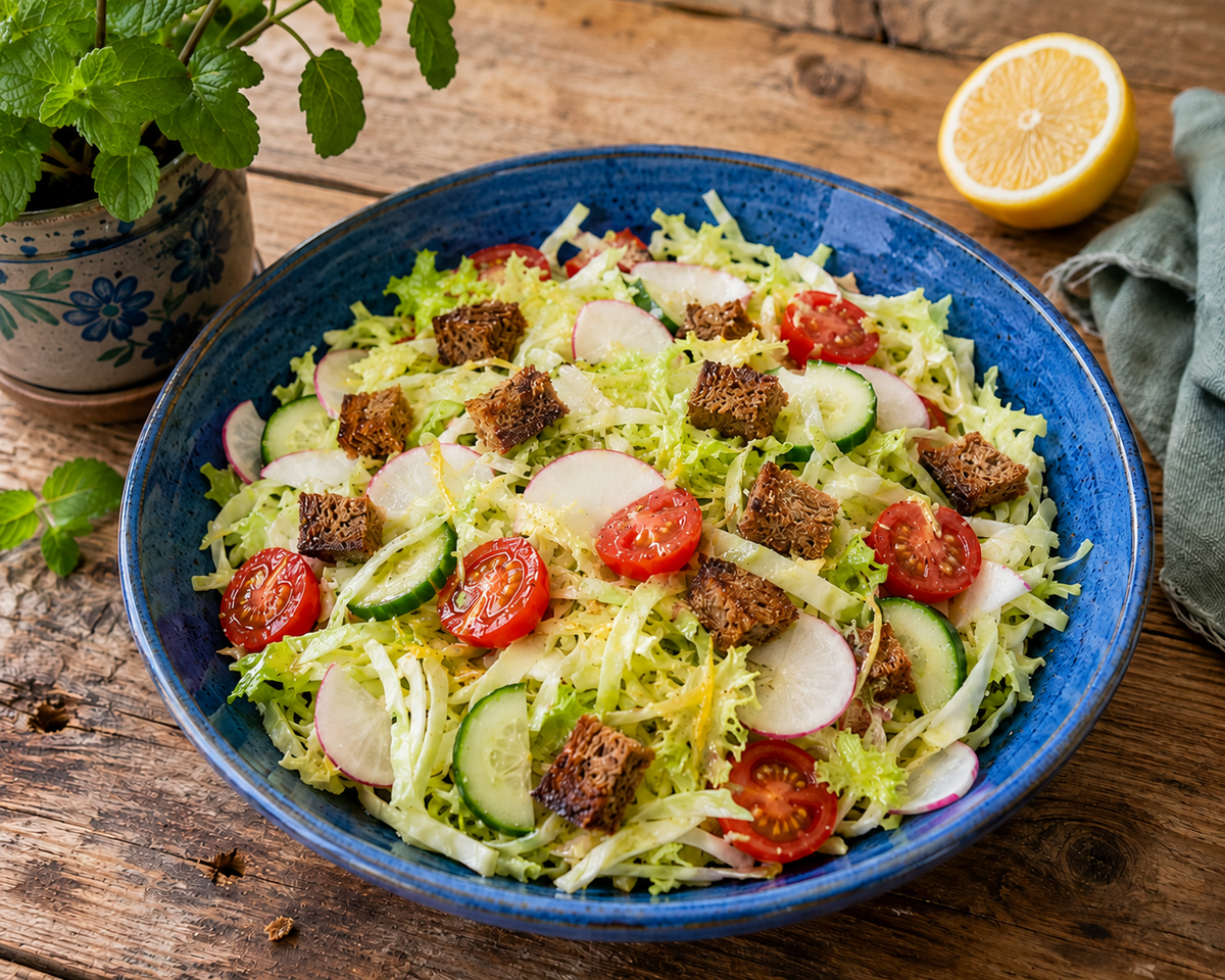 KI generiert: Ein gemischter Salat mit Tomaten, Gurken, Radieschen und Croutons in einer blauen Schüssel.