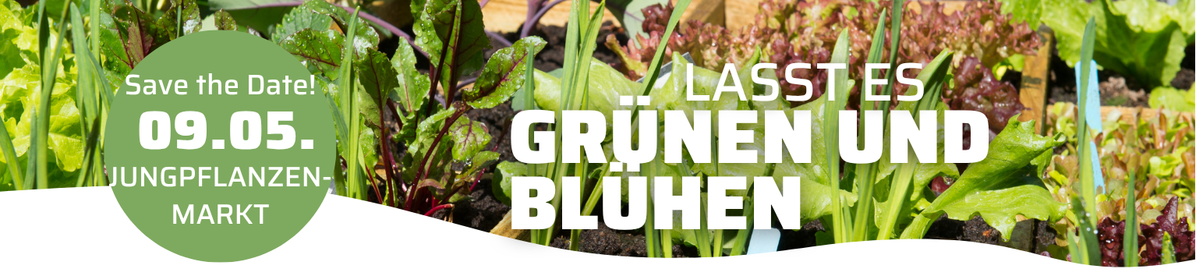 KI generiert: Gemüsebeet mit Text: "Save the Date! 09.05. Jungpflanzenmarkt. Lasst es grünen und blühen".