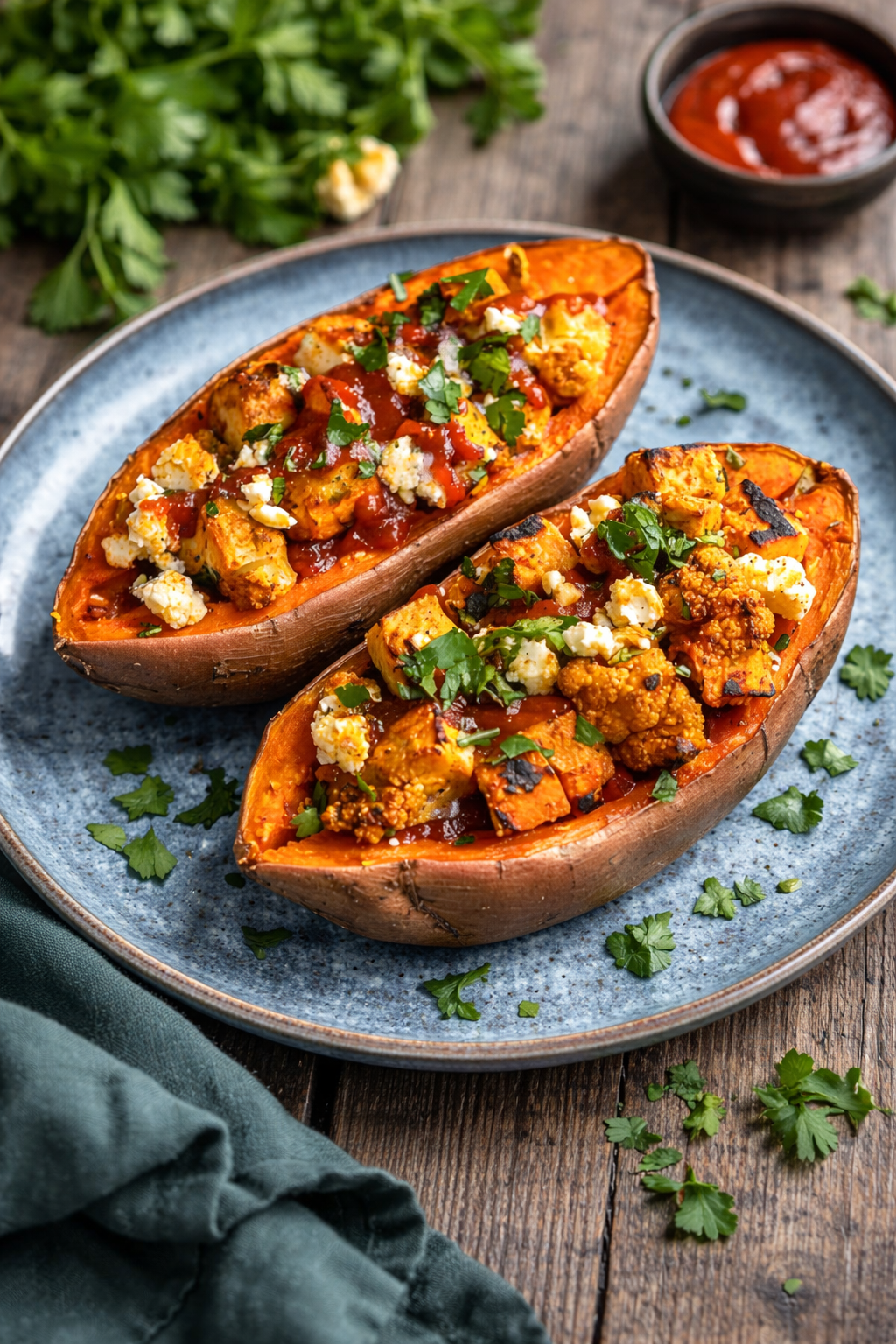 KI generiert: Zwei gefüllte Süßkartoffeln mit Gemüse und Kräutern auf einem Teller, daneben ein Schälchen mit Soße.