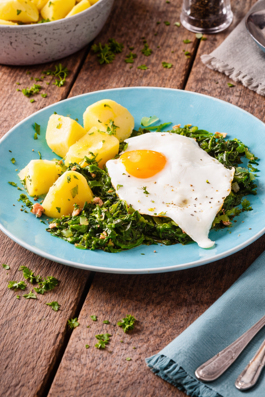 KI generiert: Gekochter Grünkohl mit Bratkartoffeln und Spiegelei auf einem blauen Teller, dekoriert mit Kräutern.
