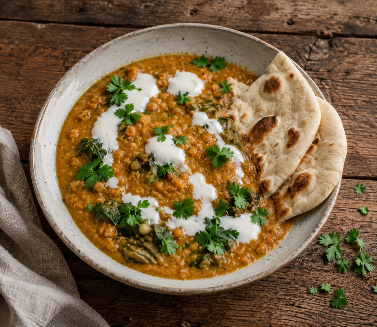 KI generiert: Ein Teller Linsencurry mit frischen Kräutern und Naan-Brot auf einem Holztisch.