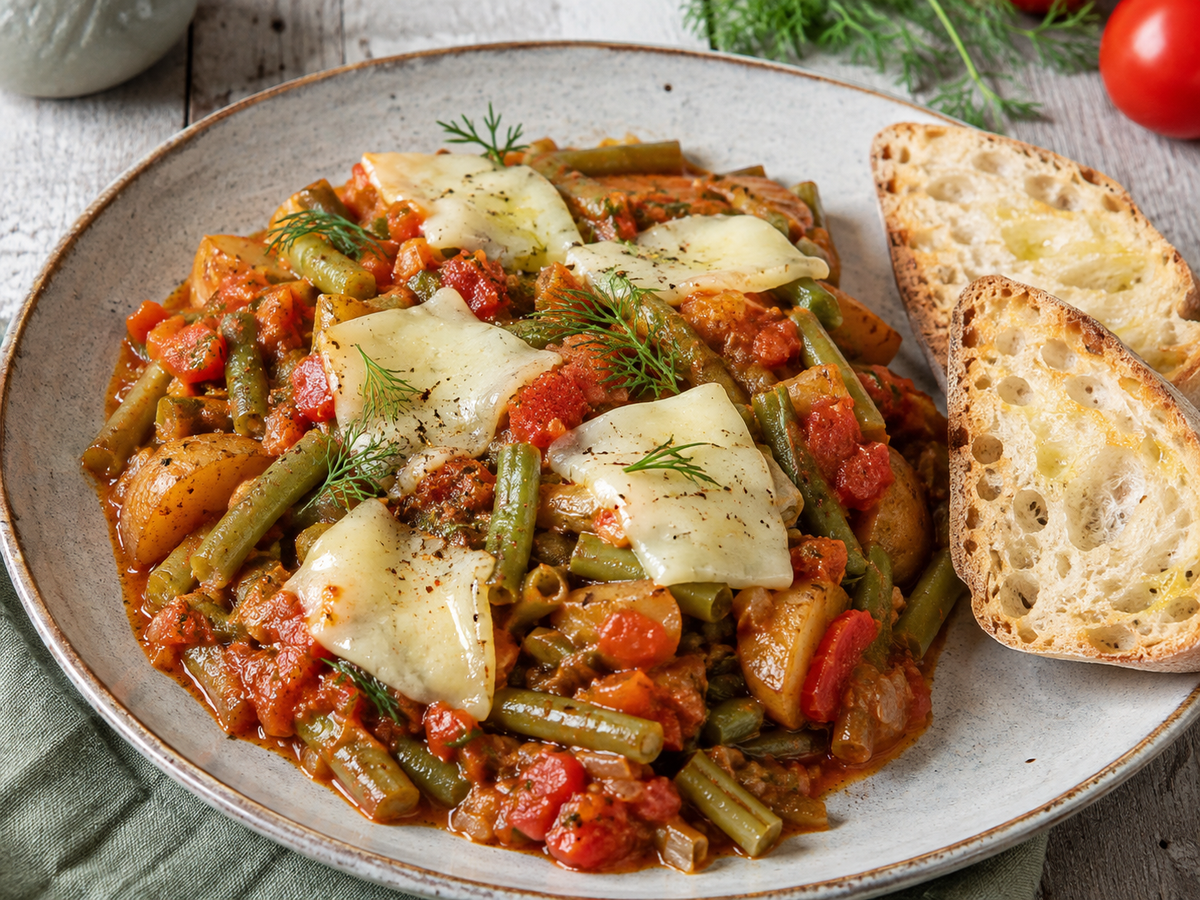 geschmorte Stangenbohnen mit Kartoffeln und Tomaten und Ciabatta