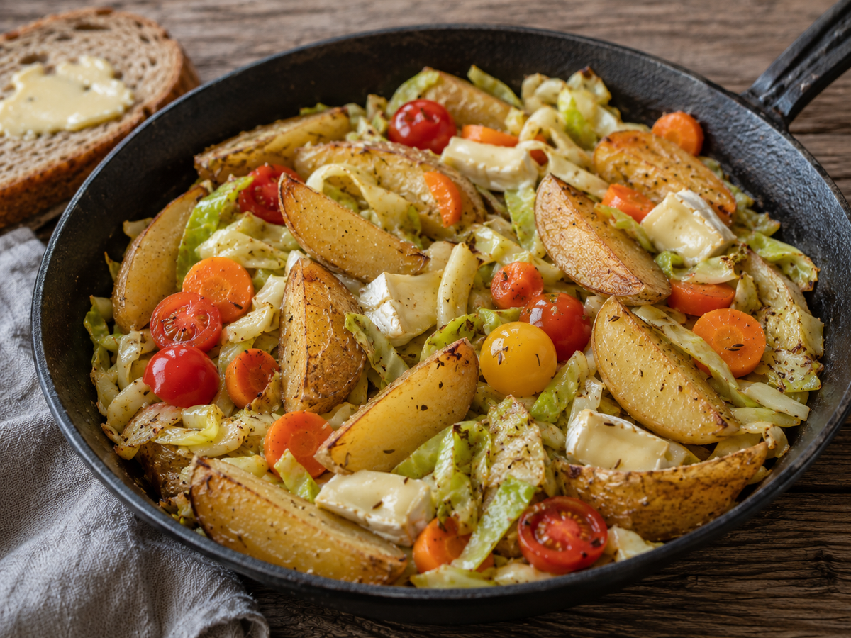 KI generiert: Ofengemüse in Pfanne: Kartoffeln, Karotten, Kohl, Tomaten, Camembert. Im Hintergrund eine Scheibe Brot.