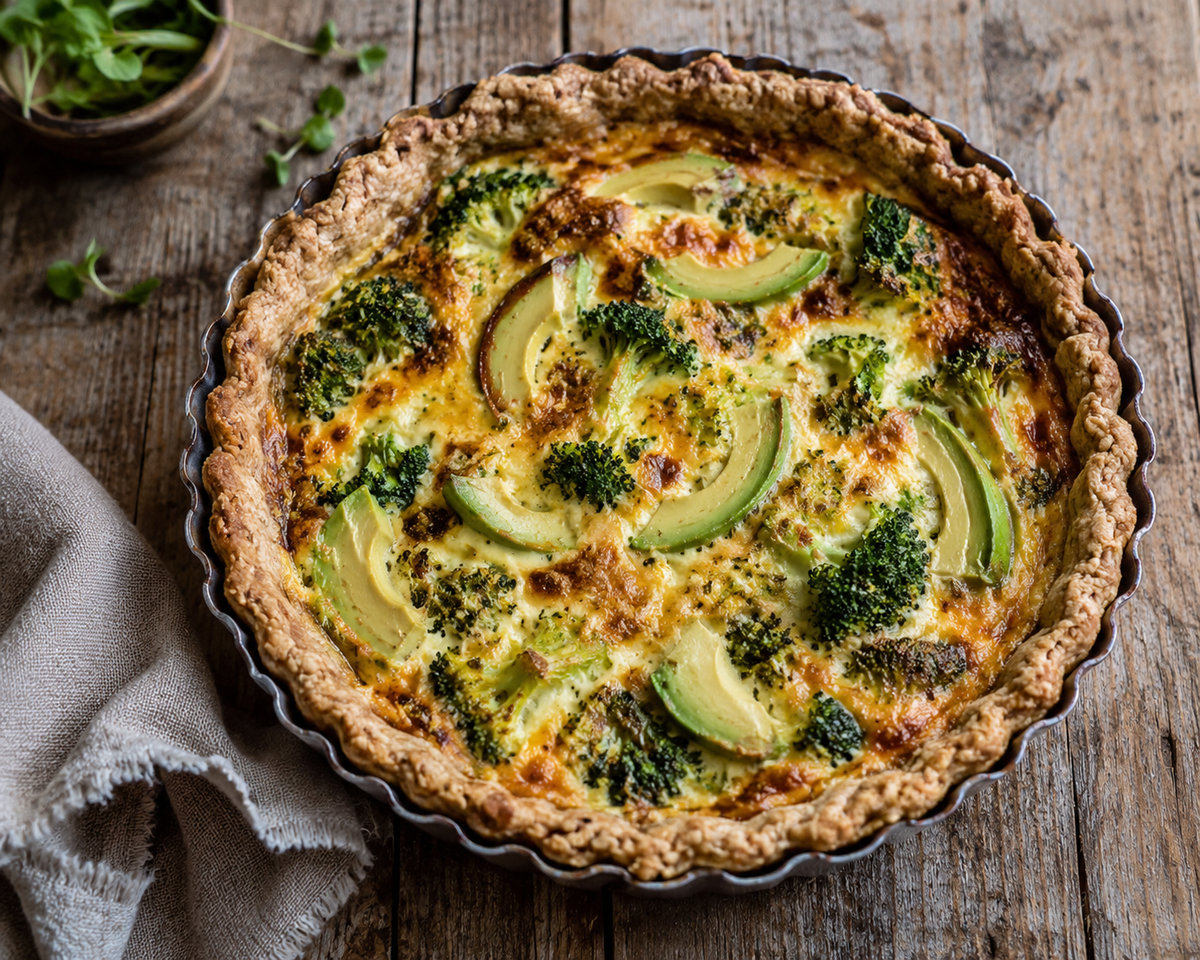 KI generiert: Herzhafte Quiche mit Brokkoli und Avocado auf einem Holztisch.