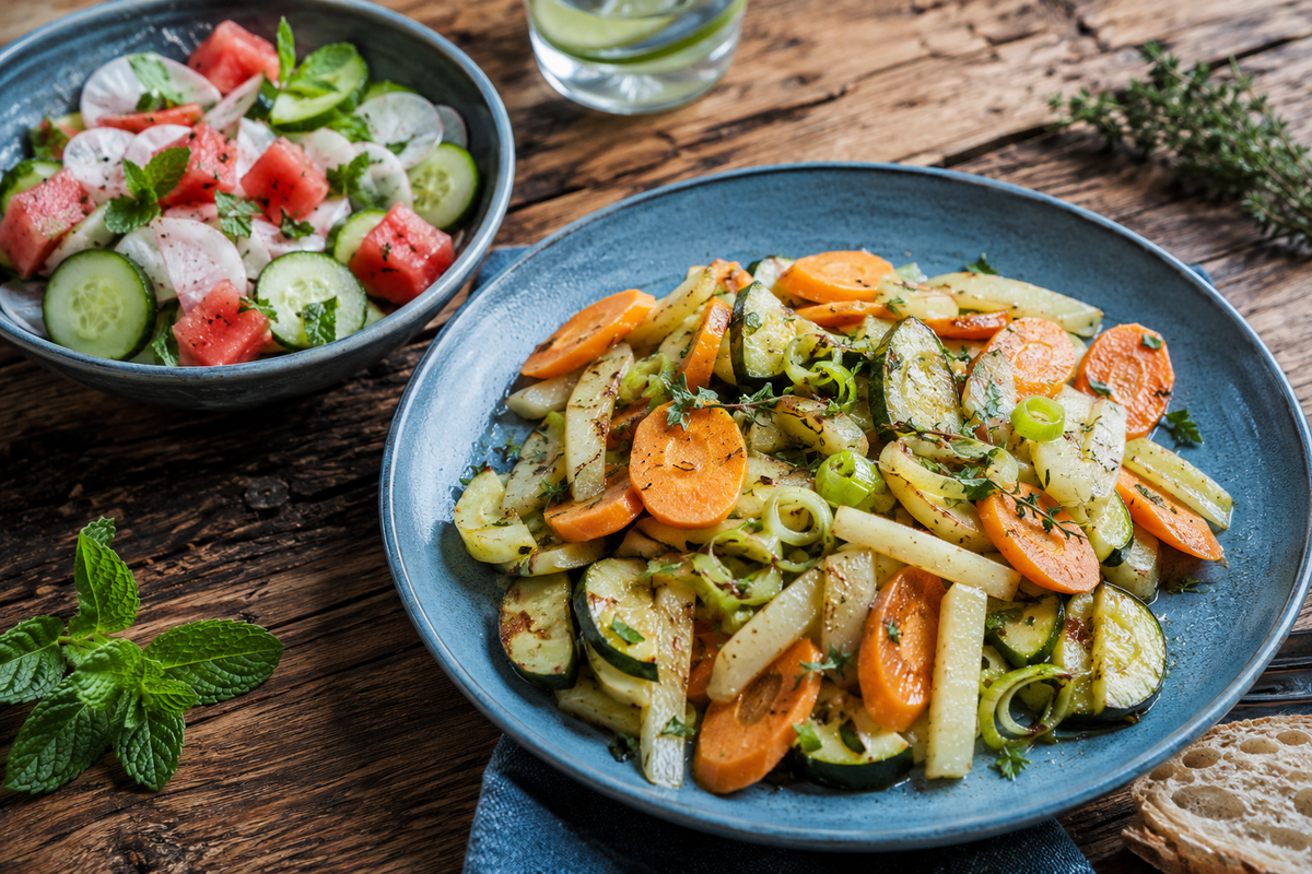 KI generiert: Frischer Gemüsesalat auf einem Teller, daneben ein Salat mit Gurken und Wassermelone.