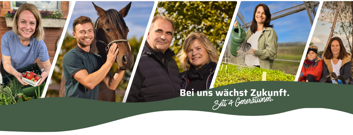 KI generiert: Eine Collage von Menschen in landwirtschaftlichen Szenen. Text: "Bei uns wächst Zukunft. Seit 4 Generationen."
