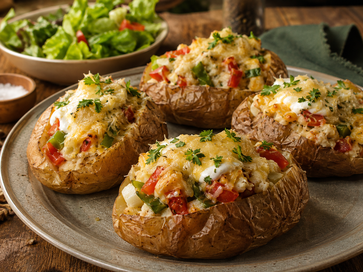 Ofenkartoffeln gefüllt mit Tomaten und Paparika überbacken mit käse und mit Petersielie bestreut, vier stück auf einem Teller
