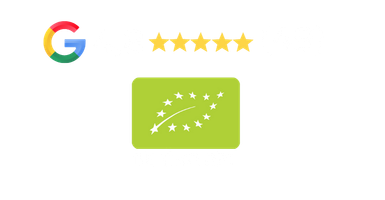 KI generiert: Google-Bewertung von 4,8 Sternen und EU-Bio-Logo, Text: "DE-ÖKO 021".