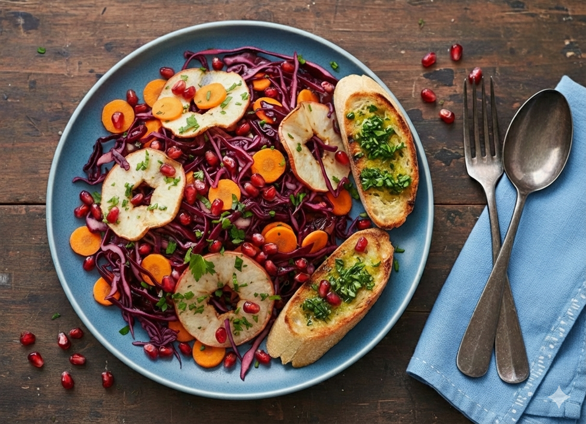 KI generiert: Ein bunter Salat auf einem Teller mit geröstetem Brot auf einem Holztisch.