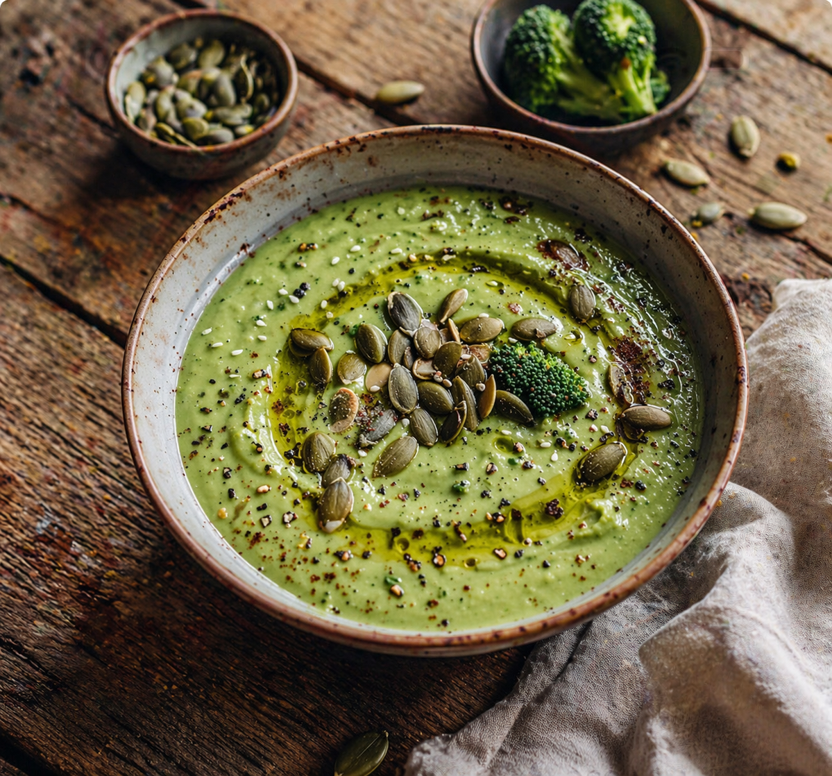 KI generiert: Eine Schüssel grüne Suppe mit Brokkoli und Kürbiskernen auf Holztisch.