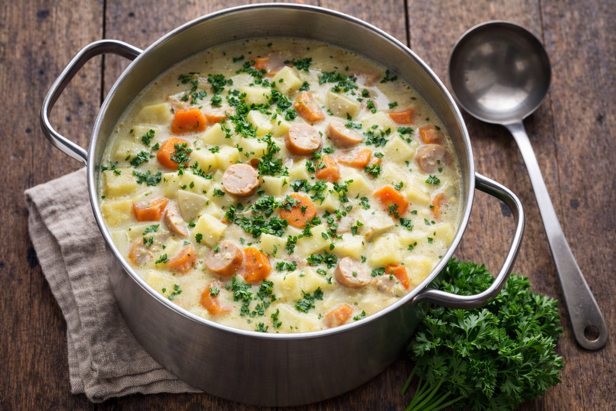 KI generiert: Ein Suppentopf mit Gemüse, Würstchen und Kräutern, daneben eine Suppenkelle auf Holztisch.