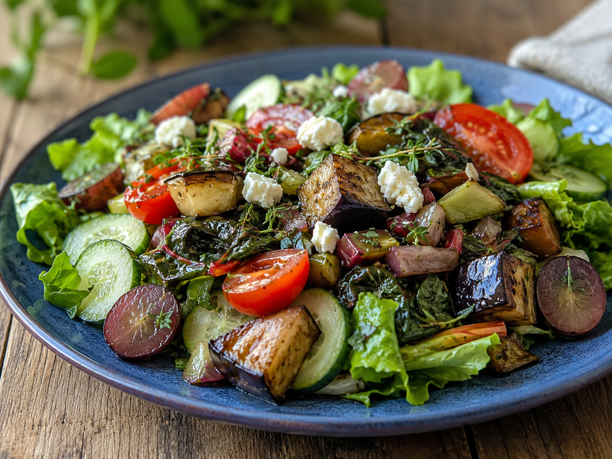 KI generiert: Ein bunter Salat mit gegrilltem Gemüse, Tomaten, Gurken und Feta auf einem blauen Teller.