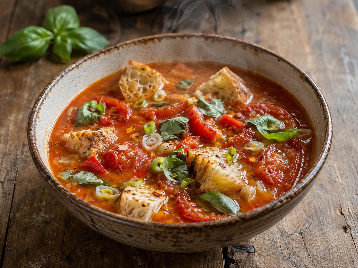 KI generiert: Eine Schüssel Tomatensuppe mit Brotstücken, frischen Kräutern und Zwiebeln garniert.