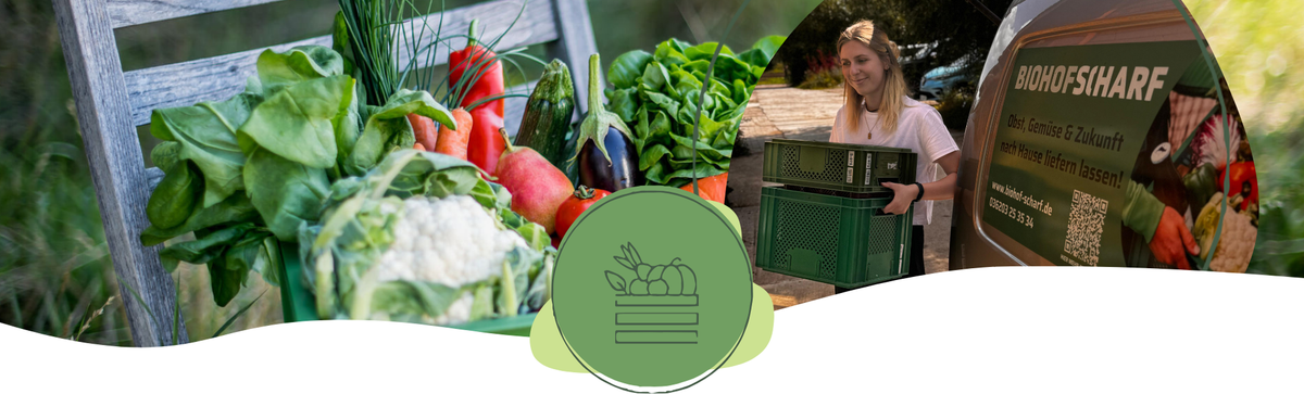 KI generiert: Frisches Gemüse, Frau mit Lieferungskiste, Text: "BIOHOFSHARF Bestes Gemüse & Zukunft umweltschonend liefern lassen!"