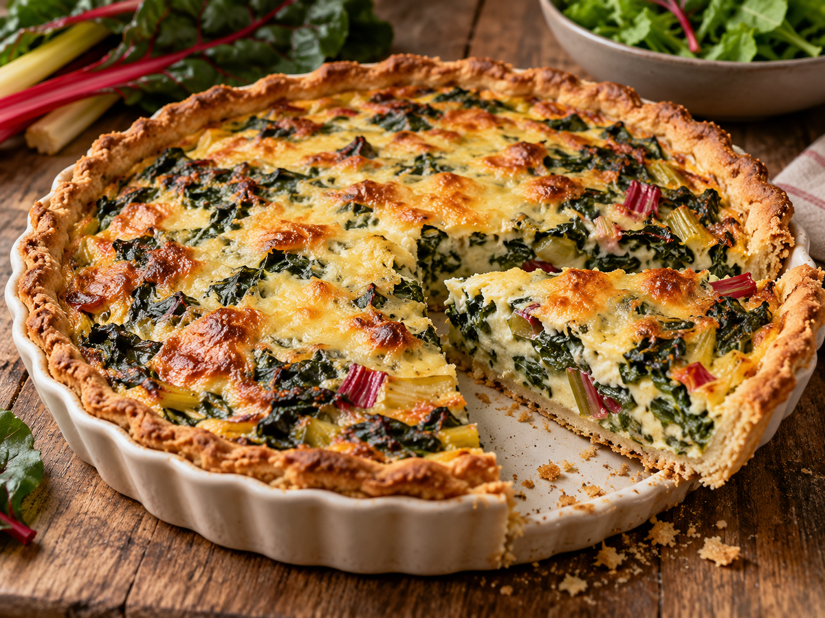 Goldbraun gebackene Mangold Quiche mit knusprigem Mürbeteigrand, cremiger Käsefüllung, grünen Mangoldblättern und bunten Stielen. Ein Stück ist angeschnitten und gibt den Blick auf die saftige Füllung frei. Die Quiche steht auf einem rustikalen Holztisch.