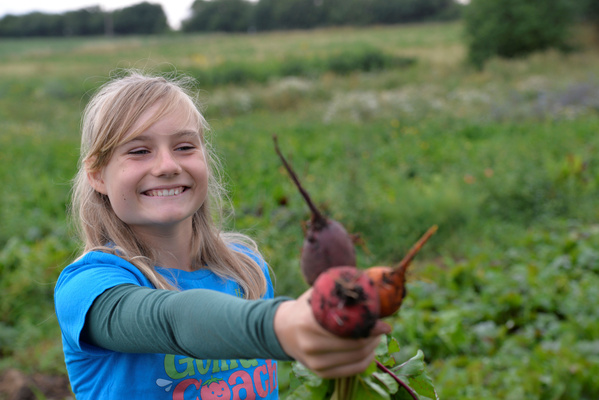 KI generiert: Ein Mädchen hält bunte Rüben in einem Feld und lächelt.